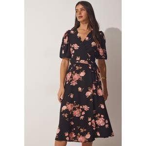 Happiness İstanbul Women's Black Pink Patterned Wrapped Viscose Dress
