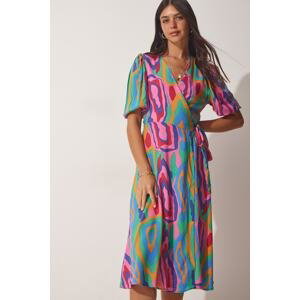 Happiness İstanbul Women's Pink Green Patterned Wrapped Viscose Dress
