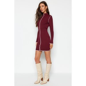 Trendyol Claret Red Mini Knitwear Fitted with Contrast Colors Fitted Dress