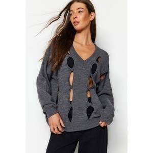 Trendyol Anthracite Openwork/Perforated V-Neck Knitwear Sweater