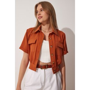 Happiness İstanbul Women's Open Tile Pocket Short Sleeve Summer Linen Viscose Jacket