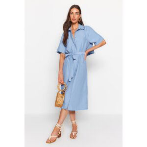 Trendyol Blue Belted Midi Back Detailed Shirt Woven Dress