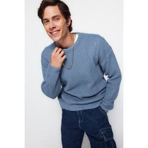 Trendyol Men's Blue Oversize Fit Wide Fit Crew Neck Textured Basic Knitwear Sweater