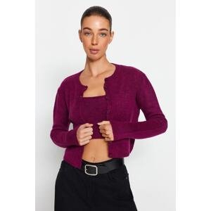 Trendyol Purple Crop Soft Textured Button Detailed Blouse Cardigan Knitwear Suit