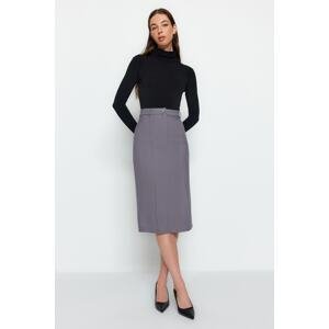 Trendyol Gray Straight Straight Cut Slit Detail Midi Woven Skirt