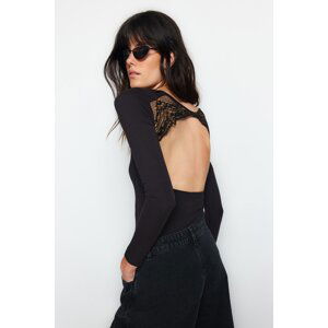 Trendyol Black Back Decollete Lace Detailed Long Sleeve Cotton Stretchy Knitted Body with Snap fastener