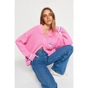 Trendyol Pink Color Block Polo Collar Knitwear Cardigan