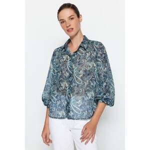 Trendyol Blue Paisley Pattern Sheer Oversize/Wide Fit Woven Shirt