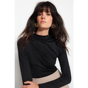 Trendyol Black Ruffle Detailed Stand Collar With Snap Snaps, Flexible Knitted Body