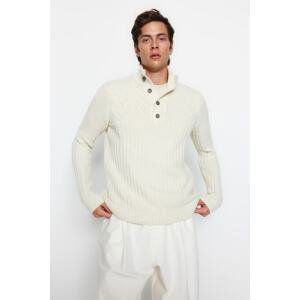 Trendyol Ecru Men's Slim Fit Half Turtleneck Buttons Knitwear Sweater