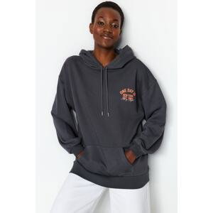 Trendyol Anthracite Motto Print Oversized Hooded Thick Knitted Sweatshirt