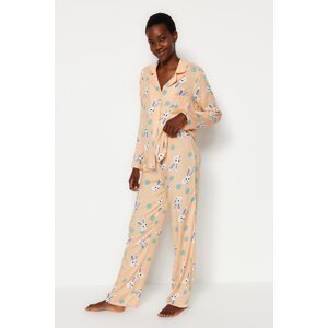 Trendyol Powder Rabbit Patterned Shirt-Pants Woven Pajamas Set