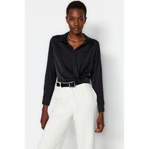Trendyol Black Crop Shirt Collar Satin Woven Blouse
