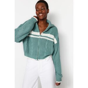 Trendyol Green Crop Color Block Stand Up Collar Knitwear Cardigan