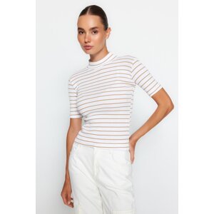 Trendyol Camel Striped High Neck Fitted/Situated Short Sleeve Elastic Ribbed Knitted Blouse