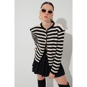Lafaba Women's Black Striped Crew Neck Padded Gold Button Detailed Knitwear Cardigan.