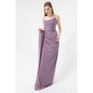 Lafaba Women's Lavender Chest Draped Slit Glitter Evening Dress