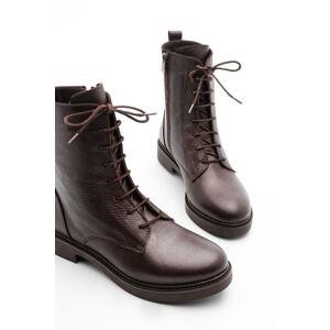 Marjin Women's Genuine Leather Boots Lace-up Zippered Kafle brown