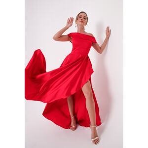 Lafaba Dámské červené saténové večerní šaty a plesové šaty s červeným výstřihem