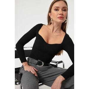 Lafaba Women's Black Heart Collar Corduroy Knitwear Sweater