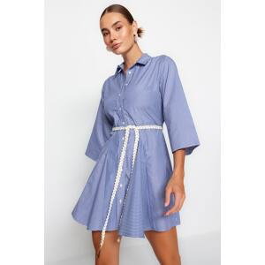 Trendyol Blue Belted Waist-Opening Mini Striped Woven Dress