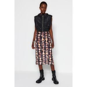 Trendyol Black Printed Midi Velvet Knitted Skirt with a Fitted Slit