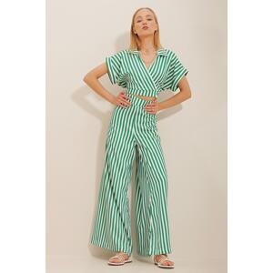 Trend Alaçatı Stili Women's Green Double Breasted Collar Striped Crop Blouse And Pants Suit