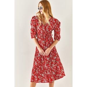 Olalook Women's Red, Double Breasted Collar, Belted Woven Viscose Dress