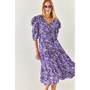 Olalook Women's Purple Double Breasted Collar Belted Woven Viscose Dress