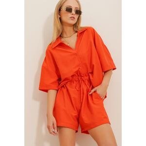 Trend Alaçatı Stili Women's Orange Shirt And Shorts Double-Headed Aerobin Woven Suit