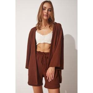 Happiness İstanbul Women's Brown Textured Kimono Set with Shorts