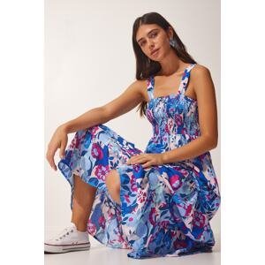 Happiness İstanbul Women's Blue Pink Floral Strapless Summer Knitted Dress