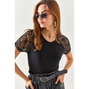 Olalook Women's Black Viscose Viscose Blouse with Lace Detailed Off Shoulder