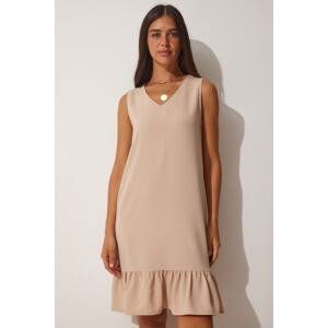 Happiness İstanbul Women's Beige V-Neck Ruffles Summer Woven Dress