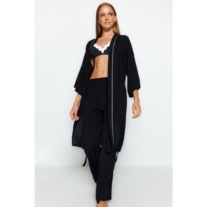 Trendyol Black 2-Piece Viscose Ribbed Dressing Gown-Pajama Bottoms Woven Pajama Set