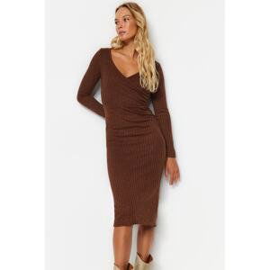Trendyol Brown Knitwear-Looking Fitted Midi Dress with Double Breasted Collar