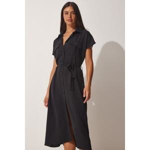 Happiness İstanbul Women's Black Belted Flowy Shirt Dress