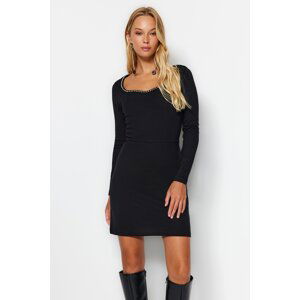 Trendyol Black Sweetheart Collar Pearl Detailed Fitted Interlock Mini Knit Dress