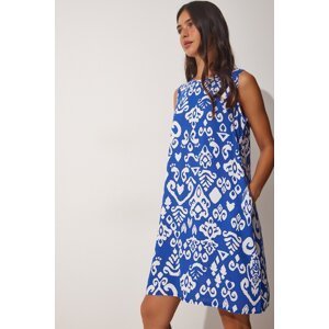 Happiness İstanbul Women's Blue and White Patterned Woven Dress