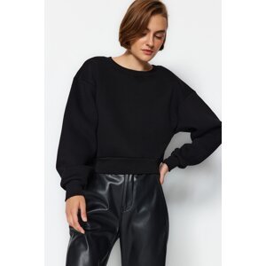 Trendyol Black Comfort Fit Crop Basic Crew Neck Thick Fleece Knitted Sweatshirt