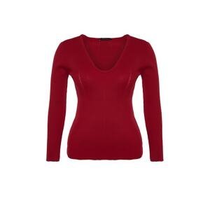 Trendyol Curve Red V-Neck Ribbed Knitwear Sweater