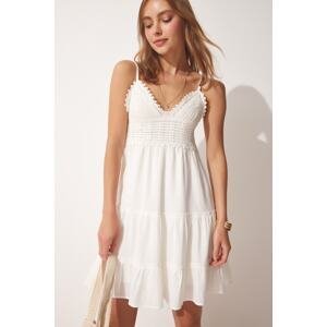 Happiness İstanbul Women's White Straps Lace-Up Knitted Dress