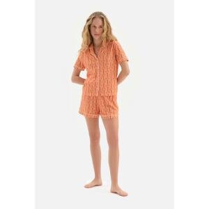Dagi Orange Shirt Collar Printed in Sizes and Knitted Pajamas Set