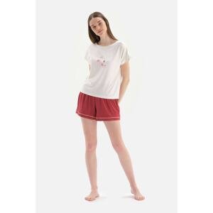 Dagi White Short Sleeve Front Printed Viscose Shorts Pajamas Set