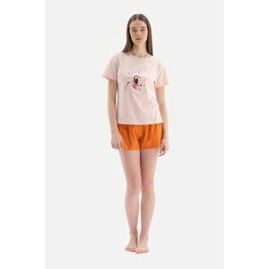 Dagi Light Pink Short Sleeve Print Detailed Pajamas Set with Shorts