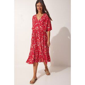 Happiness İstanbul Women's Red Patterned V-Neck Summer Dress