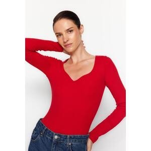 Trendyol Red Heart Collar Long Sleeve Ribbed Flexible Knitted Body With Snap Button
