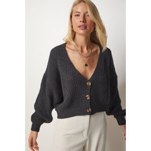 Happiness İstanbul Women's Anthracite Button V-Neck Orlon Cardigan