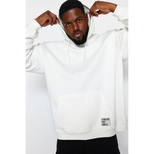 Trendyol Ecru Men's Plus Size Basic Comfy Hoodie with Labels and a Soft Pile Cotton Sweatshirt.