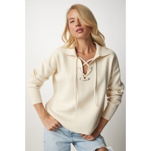Happiness İstanbul Women's Cream Collar Lace-Up Knitwear Sweater